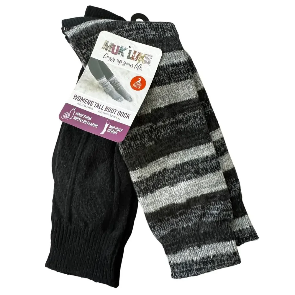 MUK LUK (2) pair Tall Boot Socks Shoe Sz 6-11 New Giftable Cable Knit Stripes